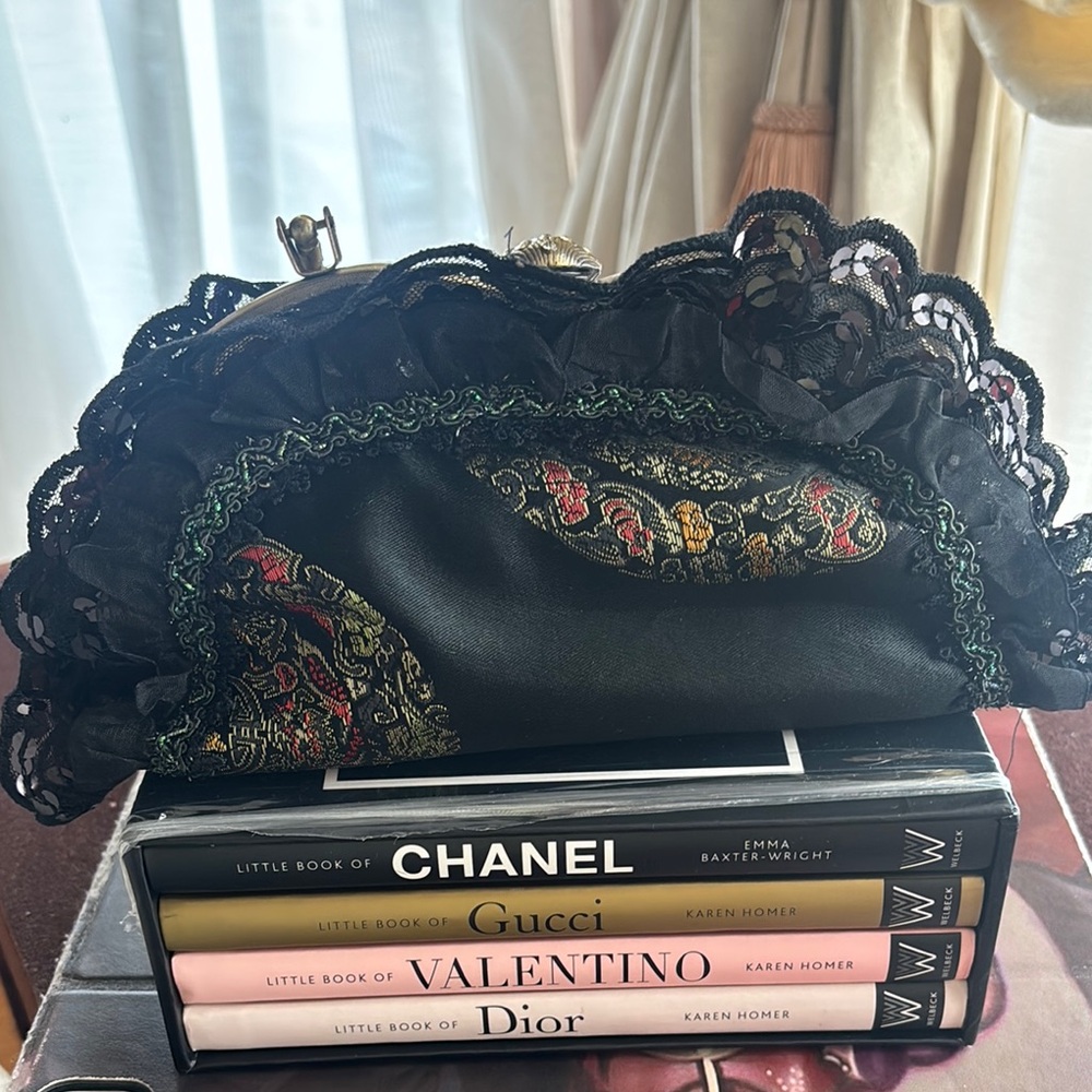 Like New Black Lace Evening bag with Intricate Floral Design